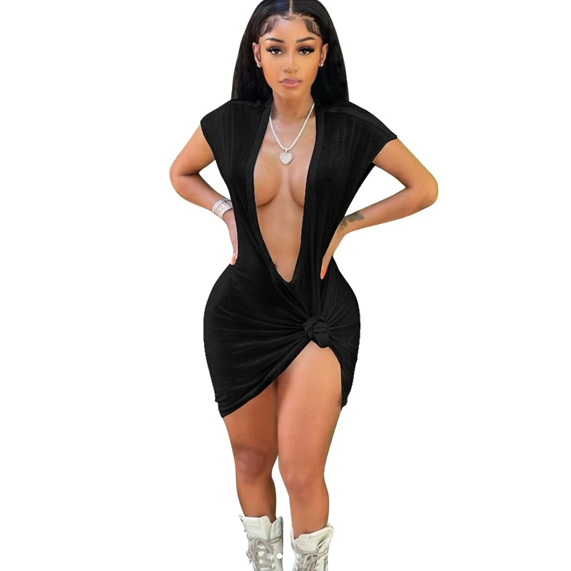 

Sexy Deep V Bodycon Mini Dress Bandage Short Sleeve Birthday Party Outfits for Women Summer Solid Night Club Dresses