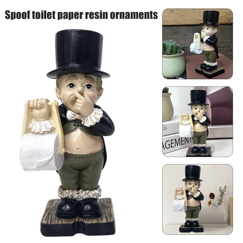 Mayordomo de inodoro con soporte de papel en rollo, adorno de resina para baño, figuritas súper lindas