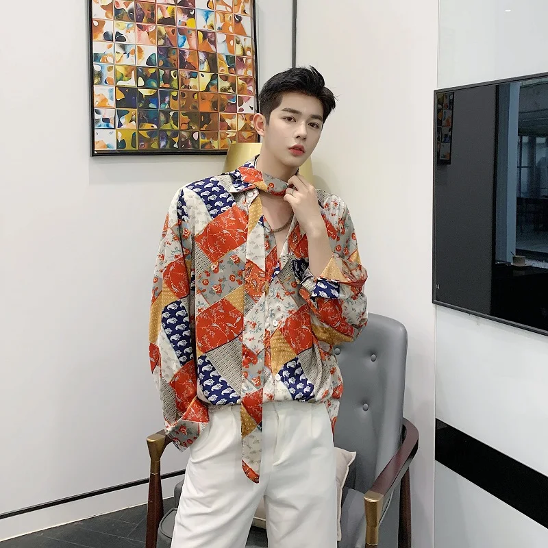 Мужские Винтажные повседневные свободные рубашки с принтом и длинным рукавом