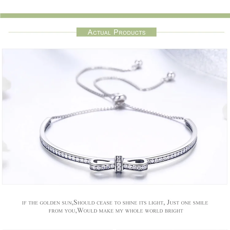 Браслет bisaer& Bangle, подлинный, 925 пробы, серебряный, сверкающий, ослепительный, с бантом, на половину, браслет для женщин, для свиданий, GXB108