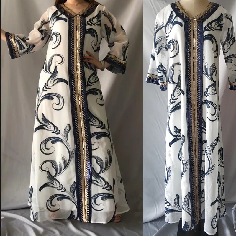 

Fashion Sequins Embroidered Muslim Dress Dubai Arab Abaya Duabi Arabic Turkey Moroccon Kaftan Islamic Clothing India Gown Robe