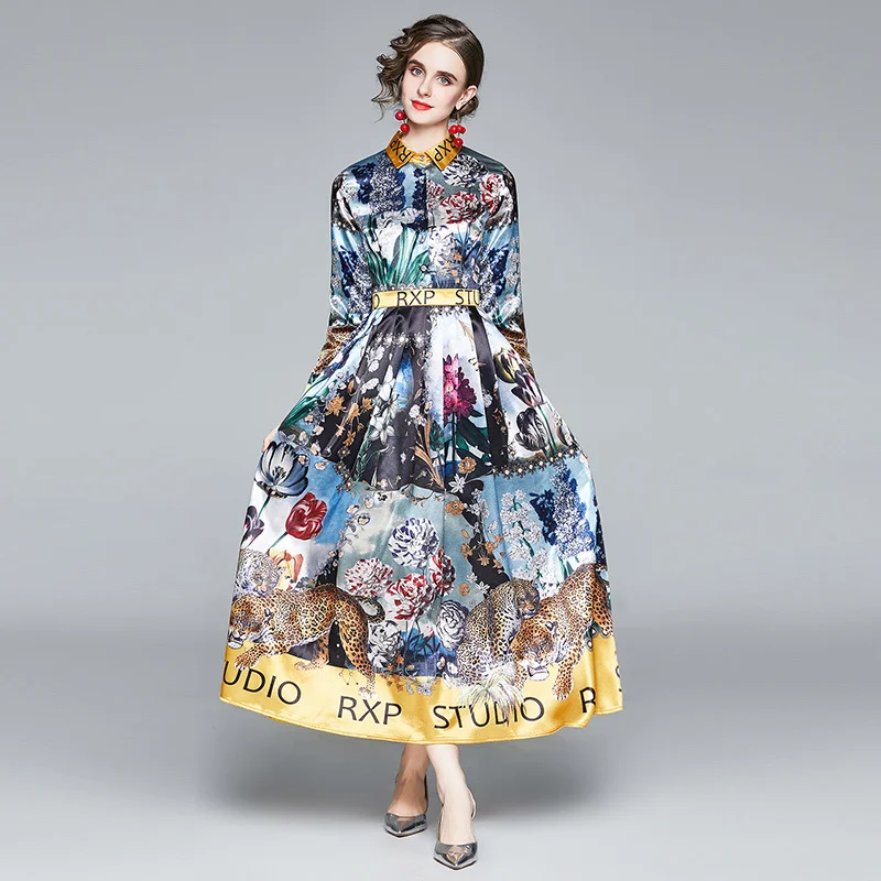 Фото Женское модельное платье-рубашка длинное винтажное платье с леопардовым принтом