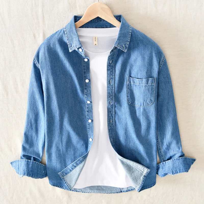

100% Cotton Men's Plus Size Denim Shirt 2021 Four Seasons New Loose Casual Denim Long Sleeve Shirt Male High-end Brand Clothes