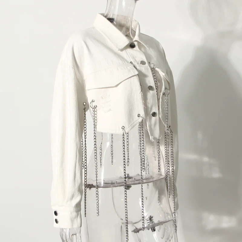 

Solid Chains Diamonds Women Denim Short Jackets Design Turn-down Collar Loose Casual Mujer Chaqueta 2021 Spring New Coat 13A148