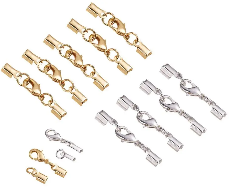 

20 Sets Fold Over Cord End Caps Brass Lobster Claw Clasps Terminators Crimp End Tips Necklace Cord Ends Silver & Golden
