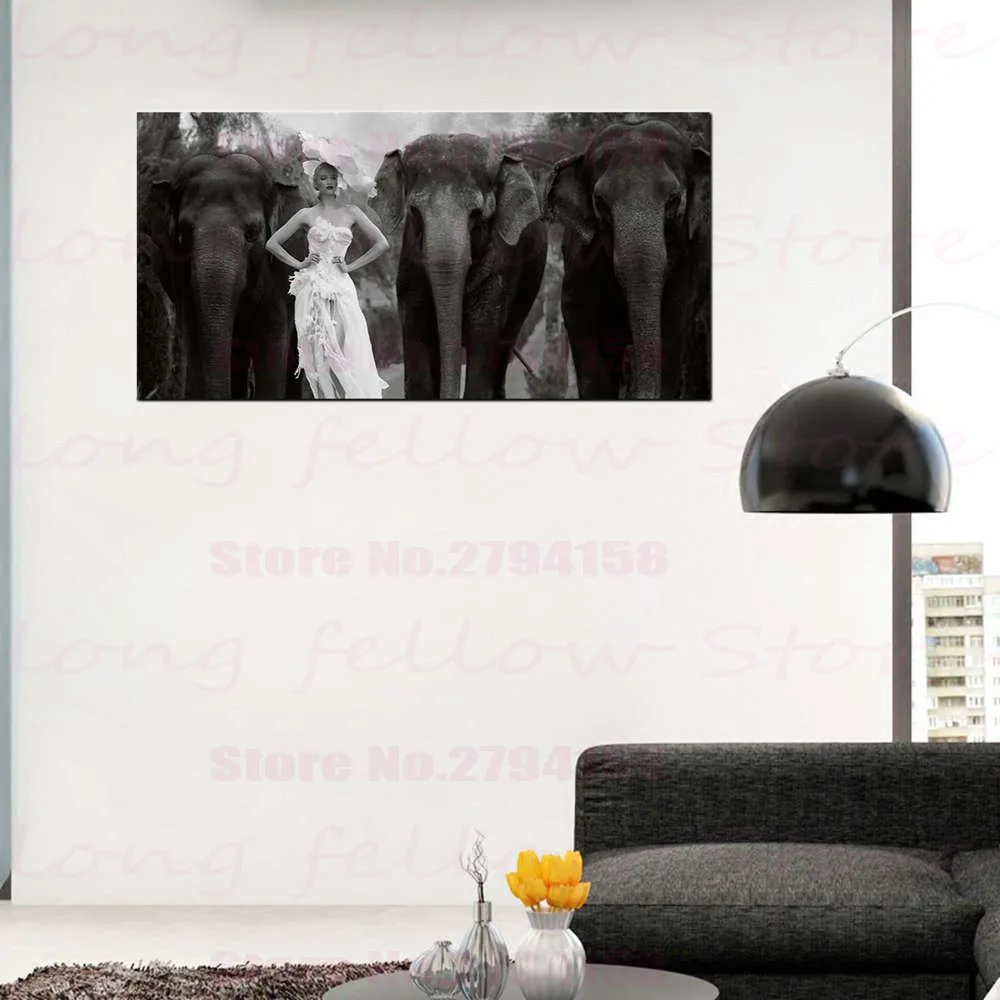 

Poster Prints Modern Home Decor Stunning Woman Black and White Elephant Abstract Artwork for Office Lobby Decor Dropshipping