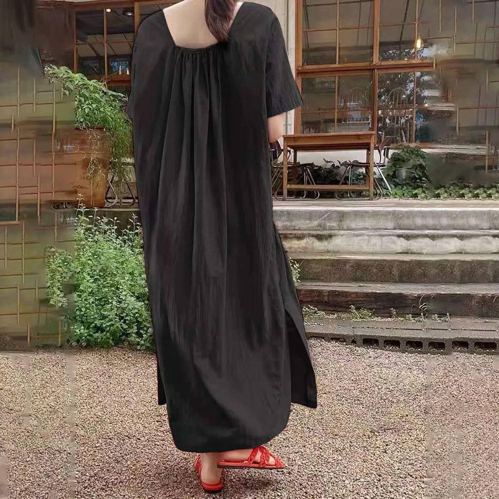 

2021 Summer New Japanese Style Korean Fashion Loose Solid Color Round Neck Women's Dress Folds Simple Casual Oversize Summer