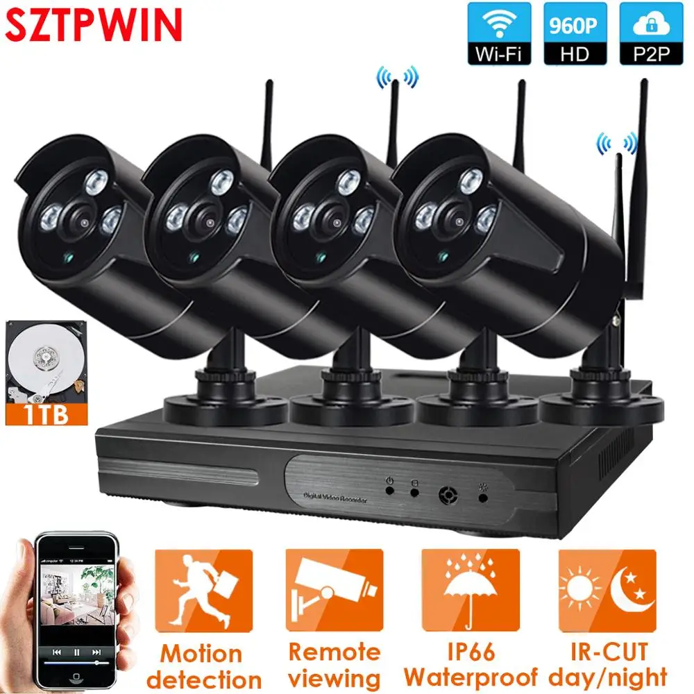 4CH/6CH/8CH 960P HD Беспроводной NVR комплект P2P Крытый Открытый Черный ИК ночного видения