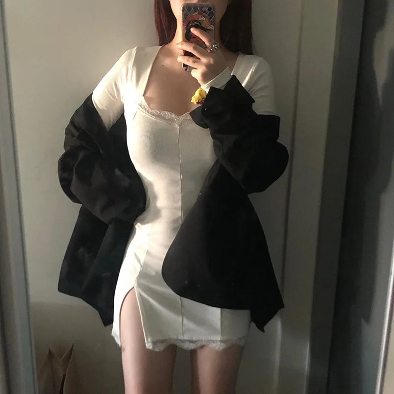

2020 Autumn Spring Women Sexy Lace Patchwork Long Sleeve Split Dress Hip Package Mini Vestido Party Club Low Chest Outfits Cloth