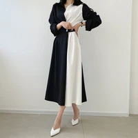 vintage korean chic slim temperament lapel hit color single button dress for women shirts long sleeve ol robe femme autumn 2021