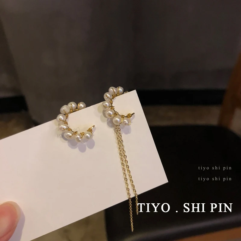 

New Asymmetrical Earrings 2020 New Design Round Simulated Pearl Earrings With Long Chain Dangle Earrings For Women Jewelry Gift