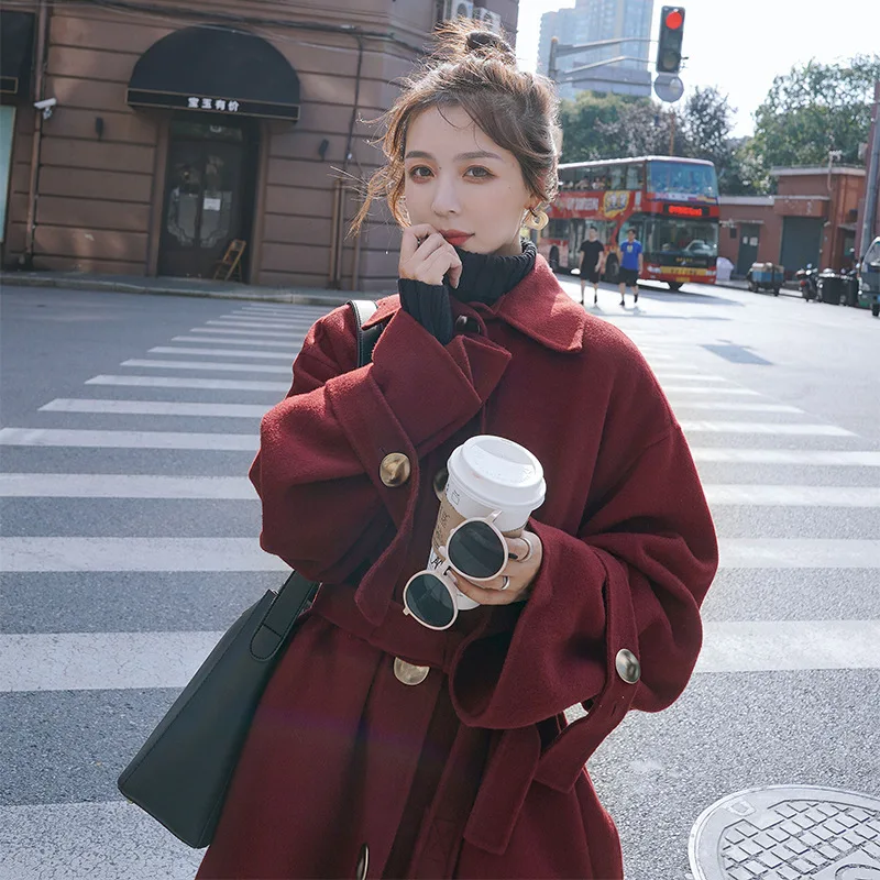 

Woolen Coat Women's Mid-length 2020 Autumn And Winter New Korean Style Loose Thickened Knee-length Popular Waist Slim Coat