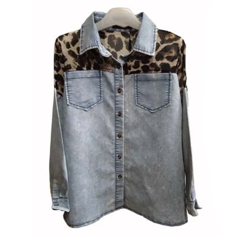 

Office Ladies Denim Jacket Casual Loose Fit Tops Patchwork Chiffon Leopard Coat Women Long Sleeve Jeans Outerwear Vintage Coats