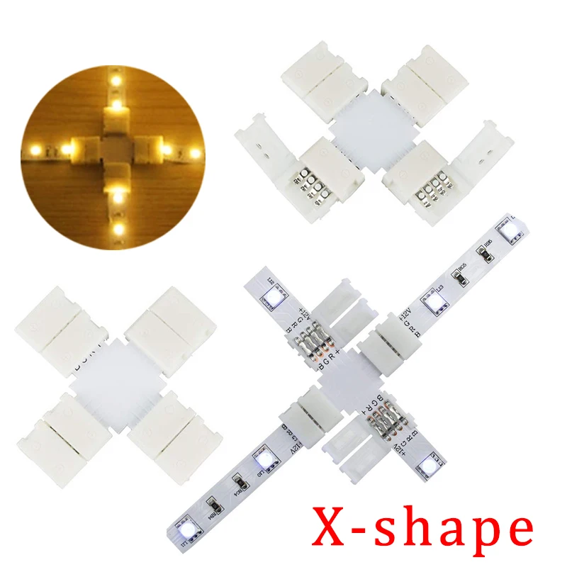 

5Pcs X Shape 4Pin 10mm Solderless LED Strip Light Corner Connector Free Welding T Cross PCB Clip-On 3528 5050 RGB Led Adapter