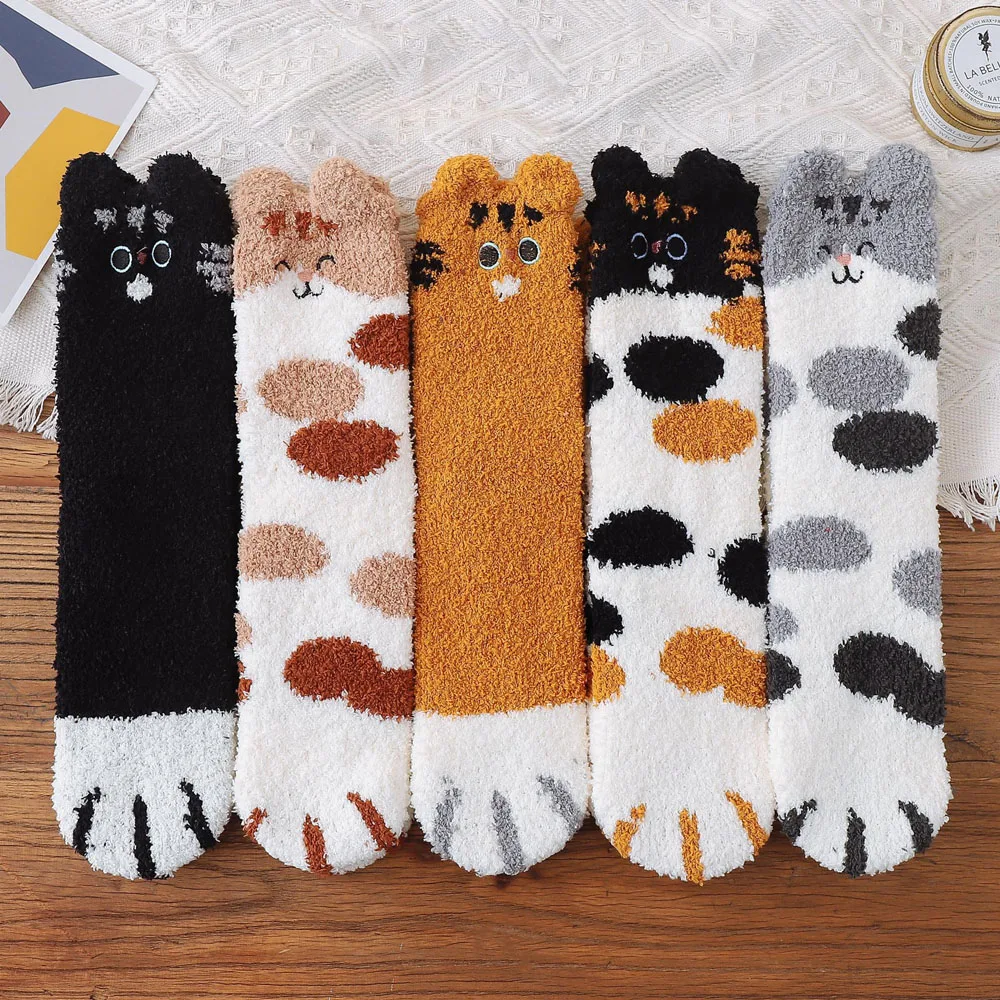 

Women Winter Socks Cartoon Cute Cat Socks Thick Warm Sleeping Floor Socks Fashion Fleece Socks Plush Coral Female Socks