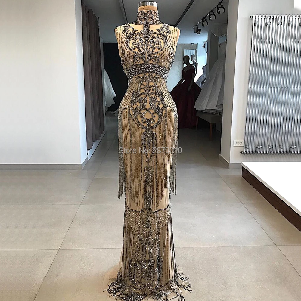 2019 длинное вечернее платье цвета шампанского с высоким воротом тюль стразы бисер
