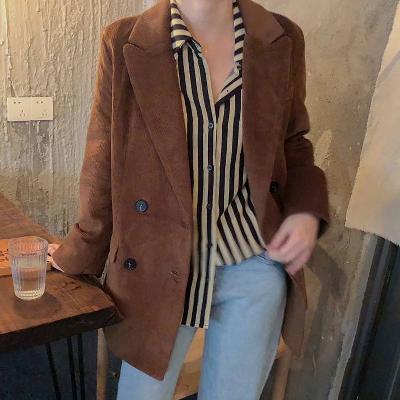 REALEFT Autumn Winter Vintage Corduroy Women's Blazer Pocket Full Sleeve Single Breasted Jacket Stylish Coat Female 2019 | Женская
