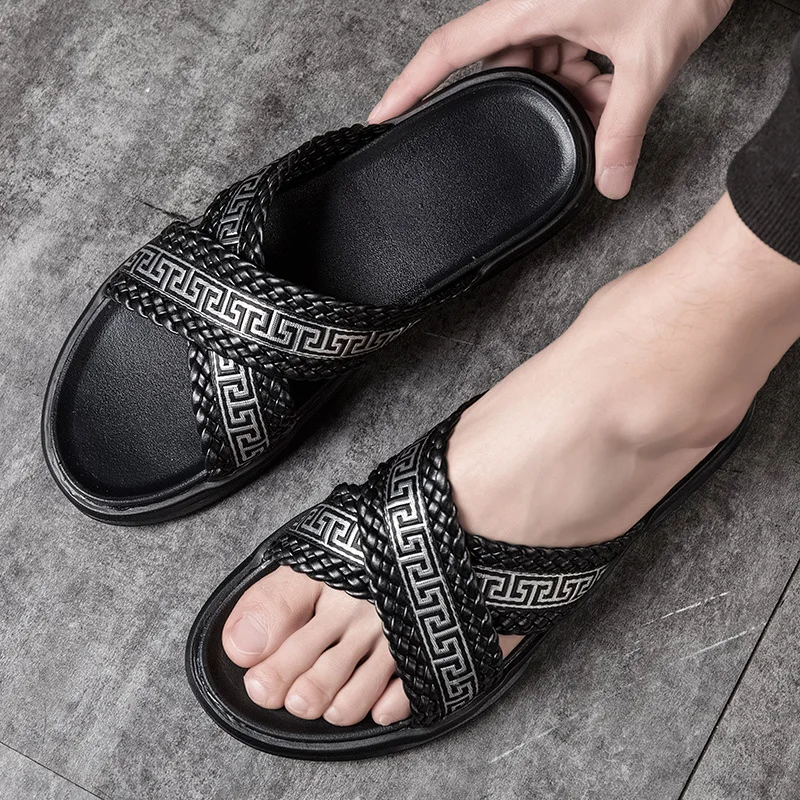 

Тапочки для мужчин; chinelos без задника с открытыми пальцами; Пляжные вьетнамки Повседневная летняя обувь брендовые мужские сандалии ручной р...