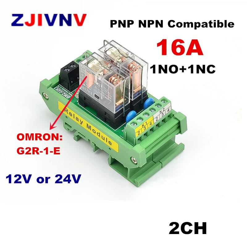2 canales 1 SPDT montaje en Riel DIN G2R-1-E 16A 12V 24V CC módulo de relé de interfaz PNP NPN compatible