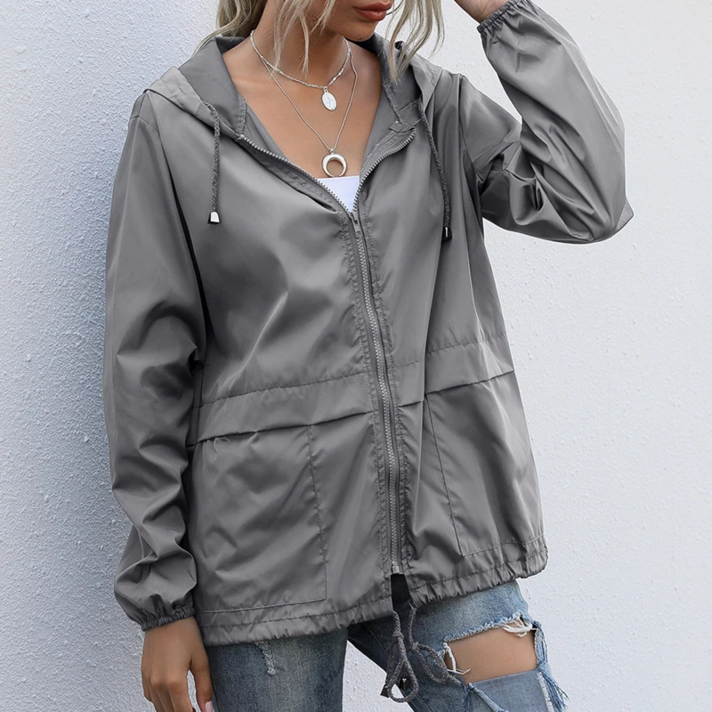 

Женская ветрозащитная куртка на молнии, однотонная Повседневная куртка с длинным рукавом и капюшоном, 2021