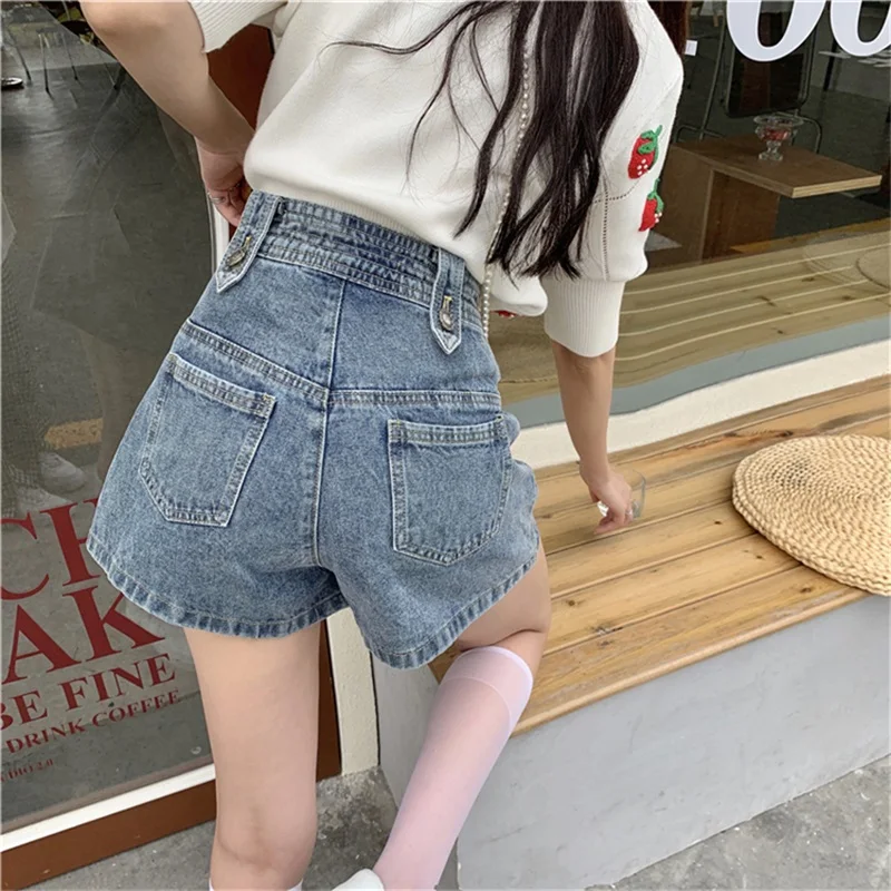 

Korean Summer High Waist Short Sweety Vintage Pocket Design Denim Loose Wide Leg Short A-Line Casual Hot Pants Hot Girl Short