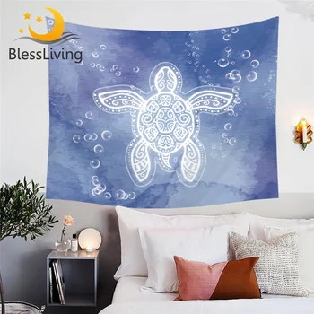 BlessLiving Sea Turtle Tapestry Tortoise Wall Carpet Watercolor Bubbles Decorative Wall Hanging Marine Blue tapisserie 150x200cm 1