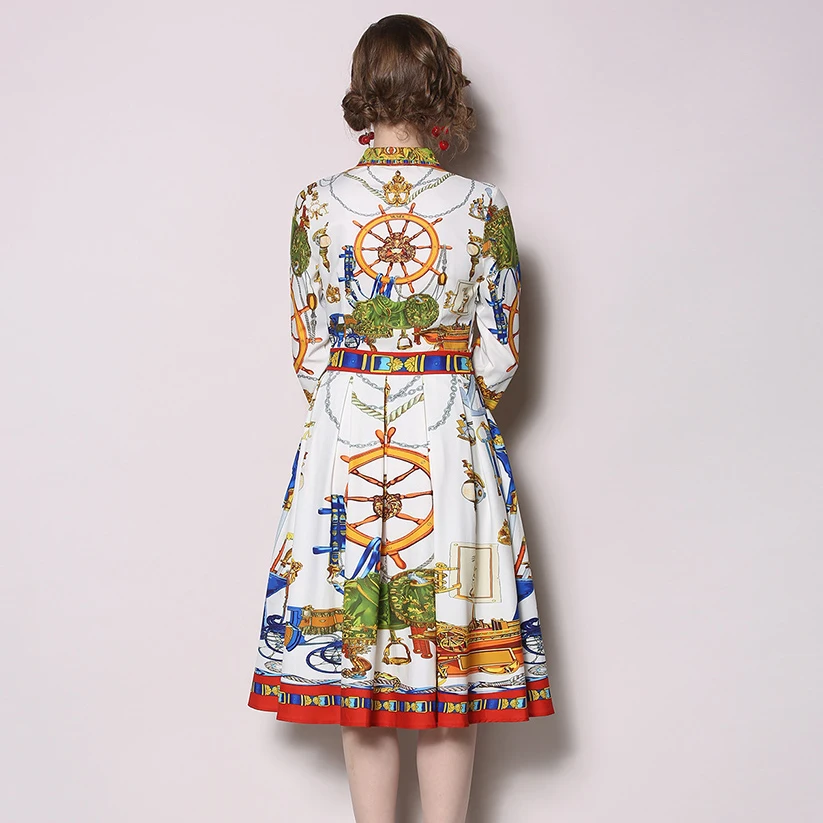 

Fashion Runway Summer Midi Dress Women Long Sleeve Turn Down Neck Floral Chain Print Vintage Shirt Dress Female A-Line Dress