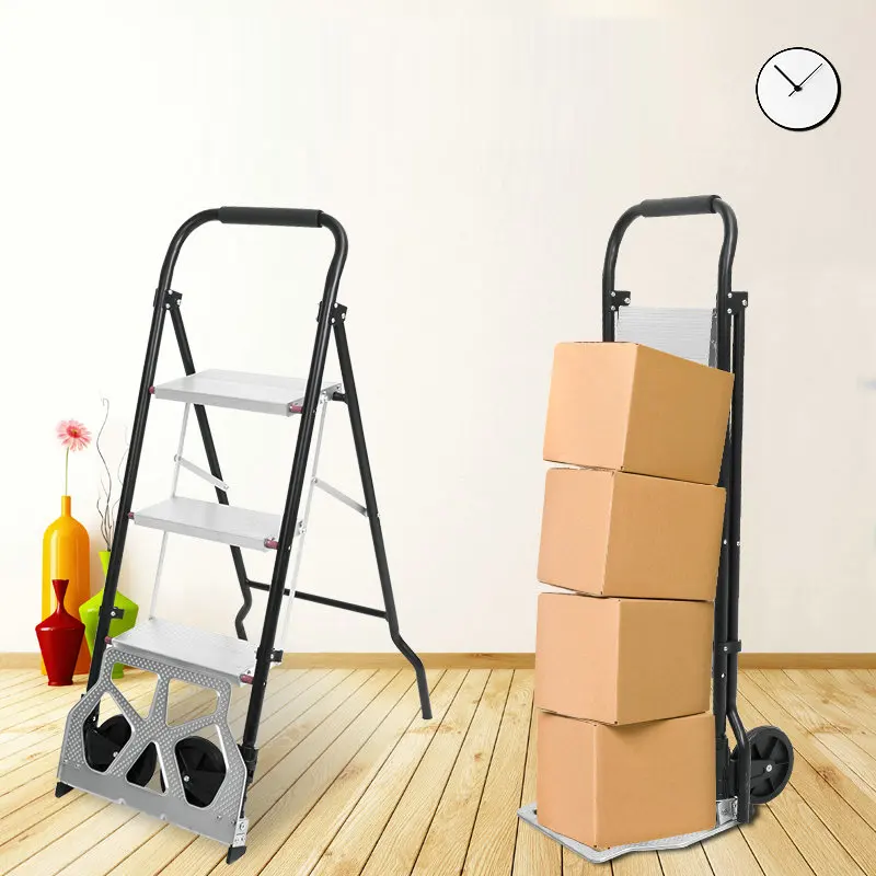 2-in-1 Convertible Practical 3-Step Ladder And Hand Truck Trolley Cart, Folding Smart Dolly With Two Wheels