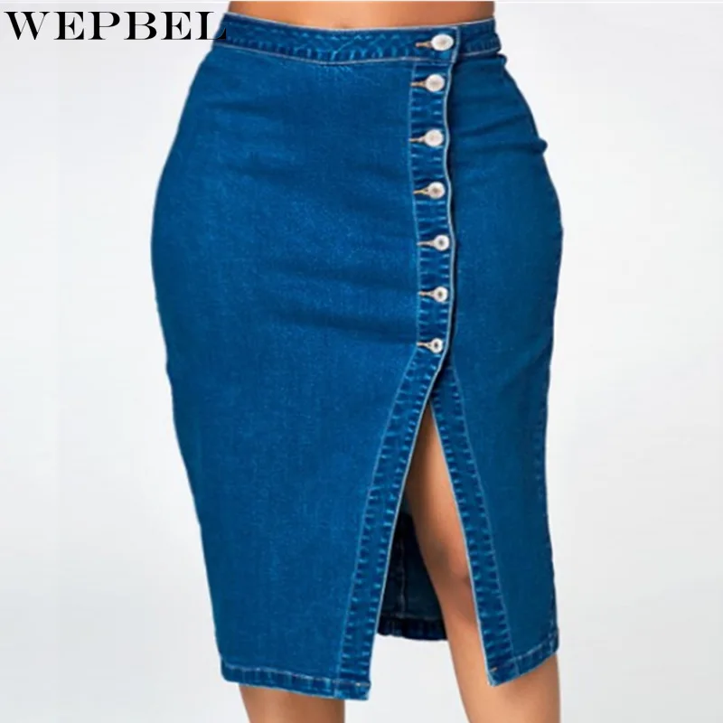 

WEPBEL Denim Skirt Women's Casual Solid Color Slim Fit Slit Skirt Summer Fashion High Waist Single-Breasted Split Denim Skirt