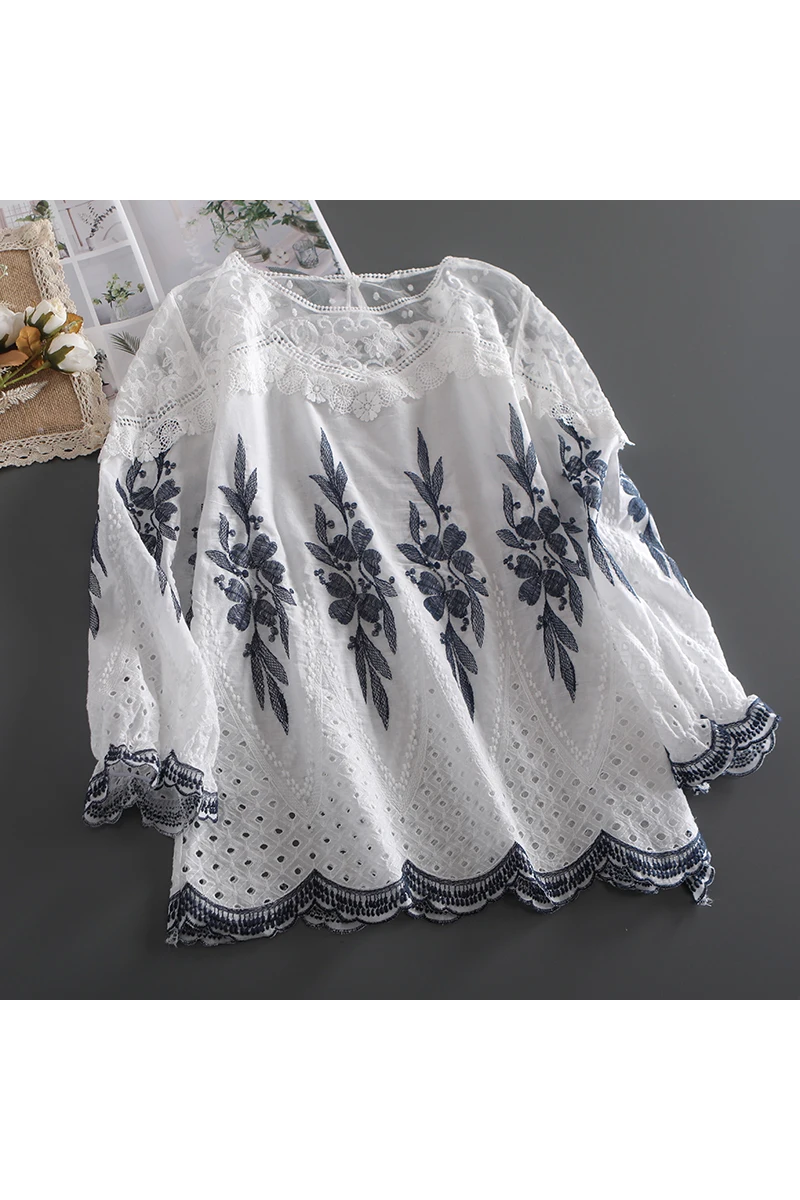 

New Summer Hollow Net Spliced Embroidery Cotton Top Shirt Women O neck Casual wear