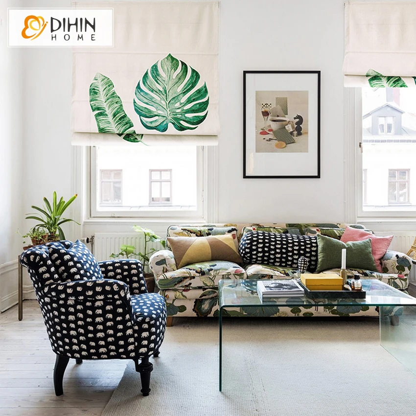 

Tropical Green Banana Leaves Printed Custom Roman Blinds For Living Room Flat Roman Shades Free Shipping