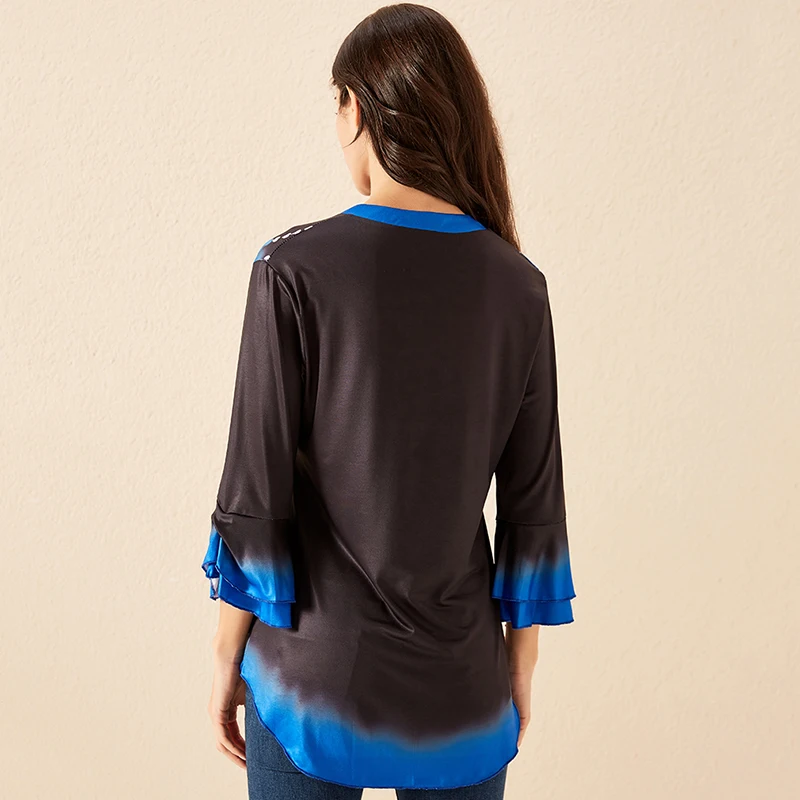 

Summer V Neck Women Shirt Casual Printing 3/4 Sleeve Blouses Female Fashion Flare Sleeve Shirts Women Patchwork Button Tops