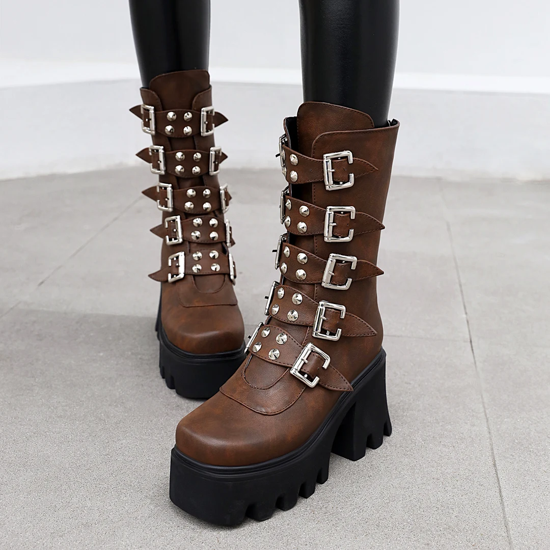 

Belt Buckle Double Row Rivet Round Head Street Motorcycle Boot Super Thick Bottom Super High Waterproof Punk Unisex Women's Boot