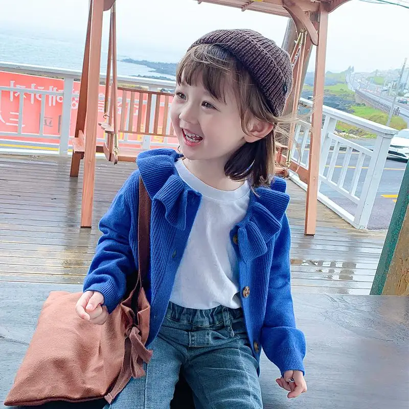 

INS baby girls cardigan 0-11 years old Autumn and winter Lotus leaf collar solid color children's sweater kids baby cardigan