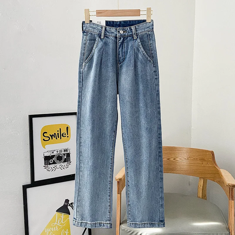 

Новинка осень-весна 2021 джинсы с высокой талией стройнящие подходящие ко всему прямые свободные брюки с широкими штанинами для женщин Ins