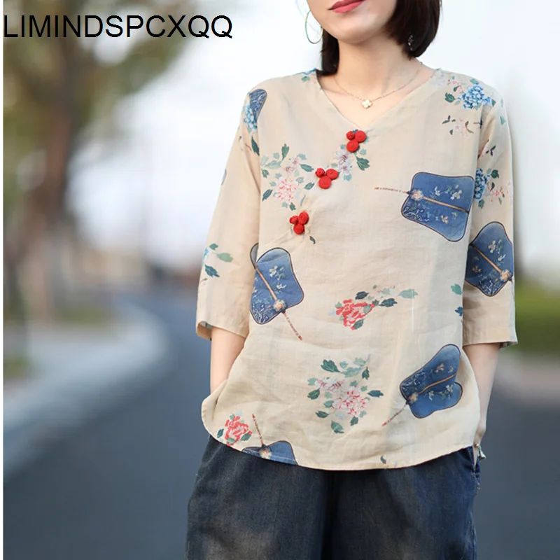 

LIMINDSPCXQQ Chinses Style Summer 2021 Ladies Vintage Linen Printed Shirt Women Floral V-Neck Blouses Female Elegant Casual Tops