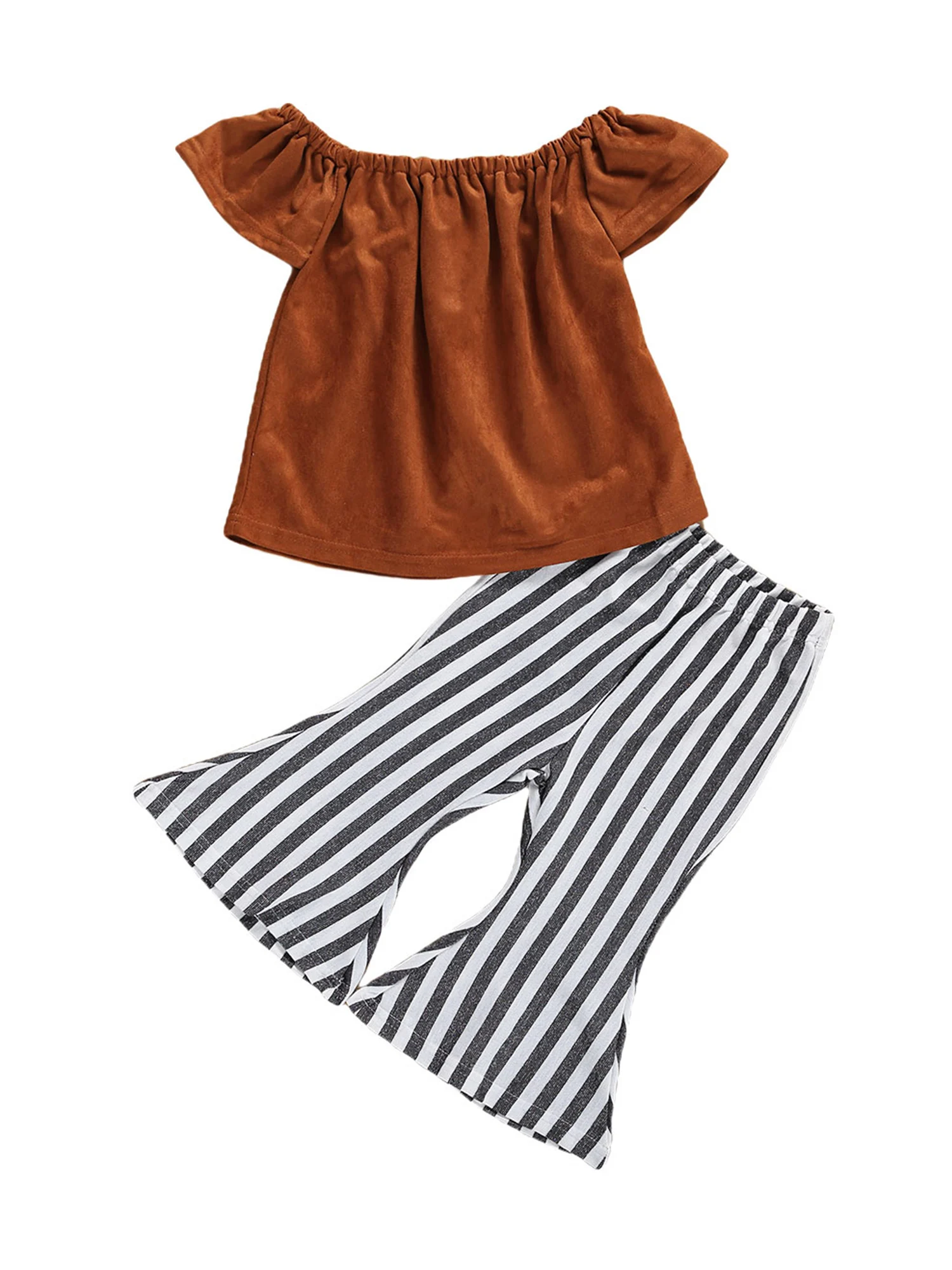 

Комплект летней одежды из 2 предметов для малышей; Топ с короткими рукавами и открытыми плечами для малышей; Расклешенные брюки в полоску