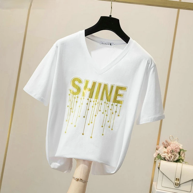 

Plus Size Short Sleeve Letter T-shirt Women White Loose Summer Tops Woman Oversized T Shirt V Neck Pink Harajuku 2021