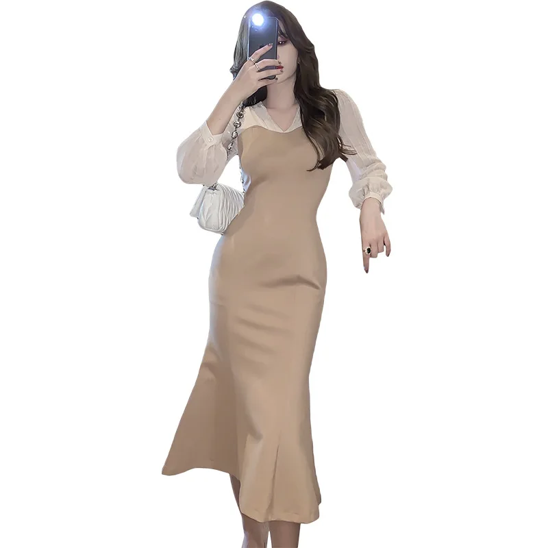

Spring Women's Khaki Bodycon Mermaid Dress Fall 2021 Ladies Wrap Patchwork Lace Sheath Dress Elegant High End Women's Vestidos