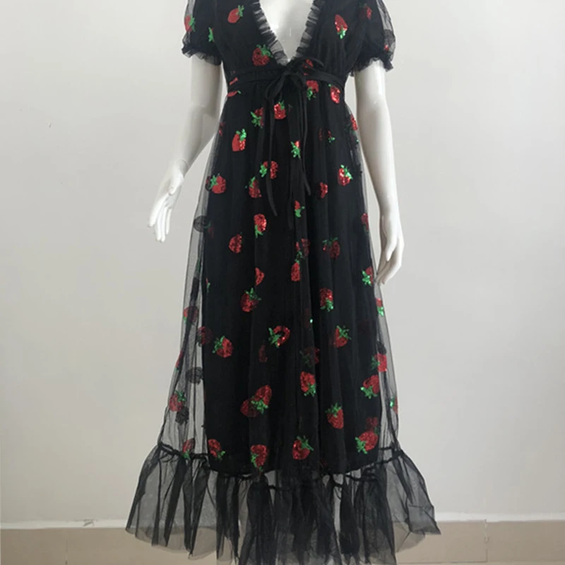 

Black Strawberry Dress Women Sequined Embroidery French Flare A-Line Bow Puff Sleeve Mesh Chiffon 3XL Plus Size