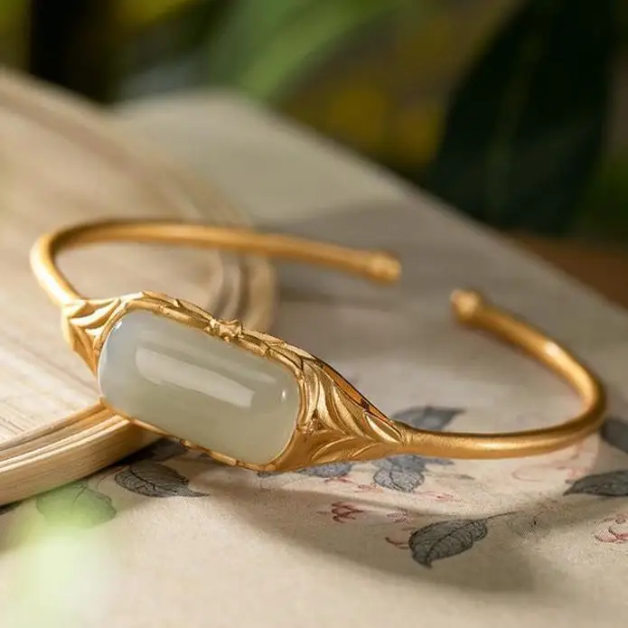 

Designer unique creative geometric shape natural Hetian jade bracelet light luxury retro temperament ladies silver jewelry