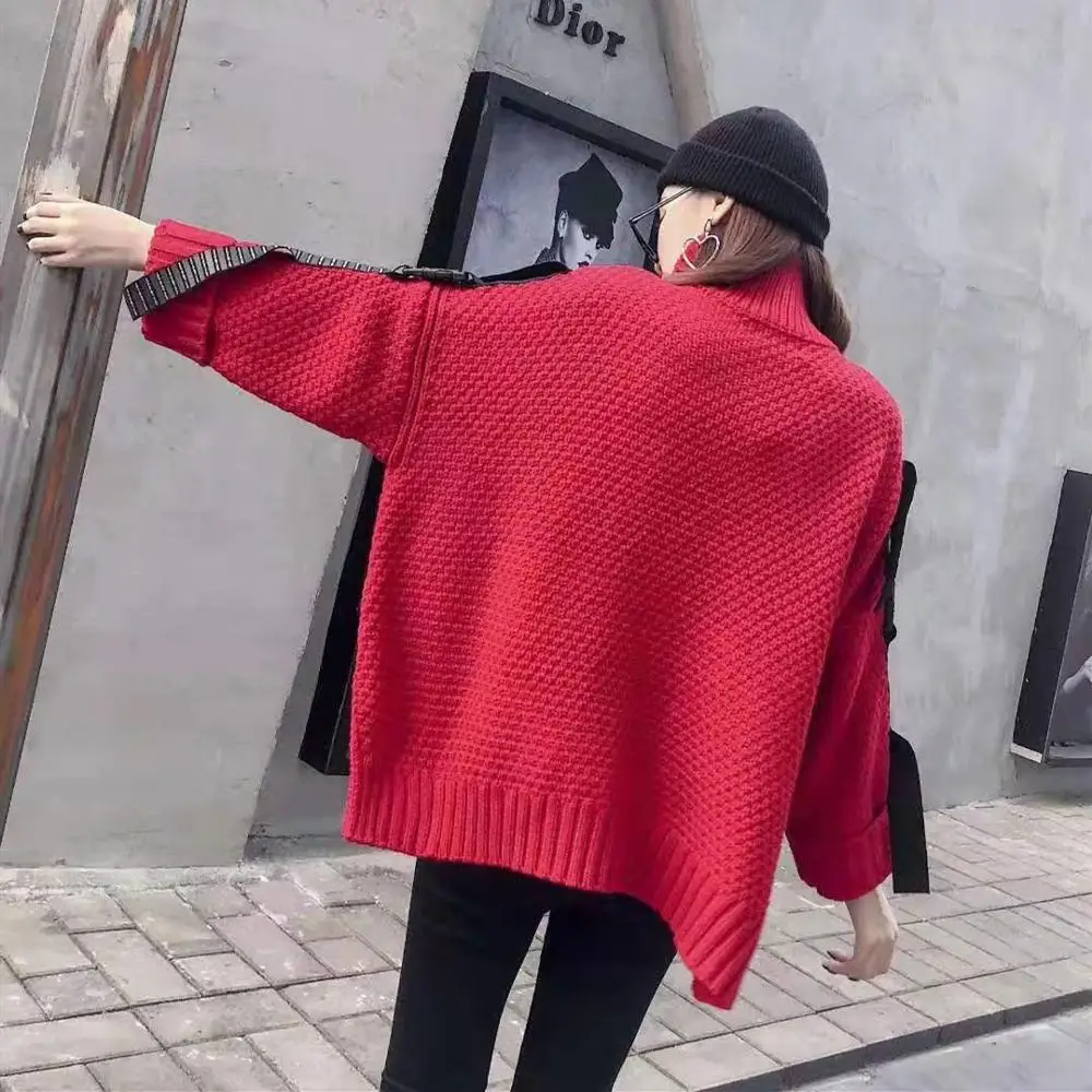 Женский крупный размер повседневный свободный свитер с высоким воротником, дизайн с нашивками в стиле карикатуры, длинными рукавами, вязаные топы, осенне-зимние свитера.