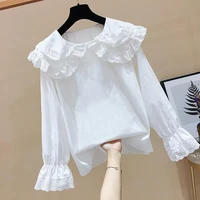 2022 new summer solid white women blouse peter pan collar chiffon blouses female long sleeve casual shirts loose women tops