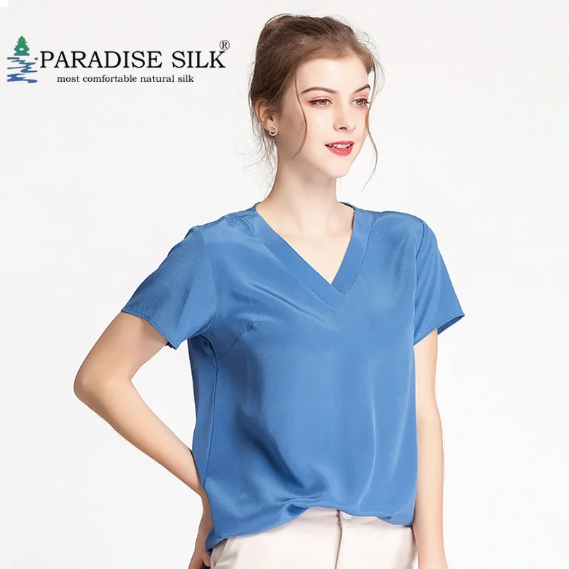 

Women Short Sleeve Natural Silk Top Women's V Neck Crepe de Chine Loose Shirt Size L XL XXL XXXL