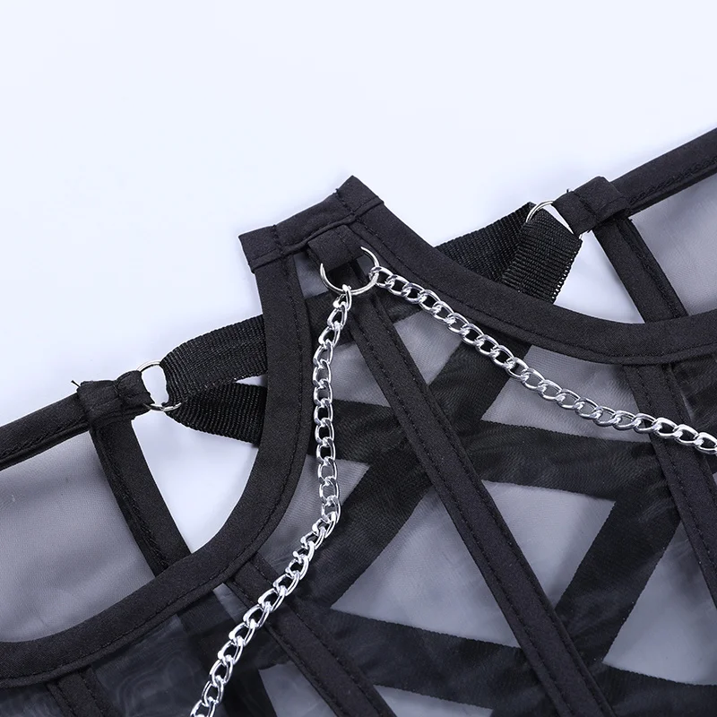 

High Waist Corset For Women Lace Up Goth Bustier Top Body Shapewear Mesh Women Metal Chain Straps Female Stretchy Wide Belt