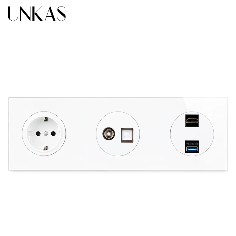 

UNKAS EU Wall Socket + Female TV With CAT5E RJ45 Internet Computer Jack + HDMI-Compatible 2.0 USB 3.0 Port Glass Panel Outlet