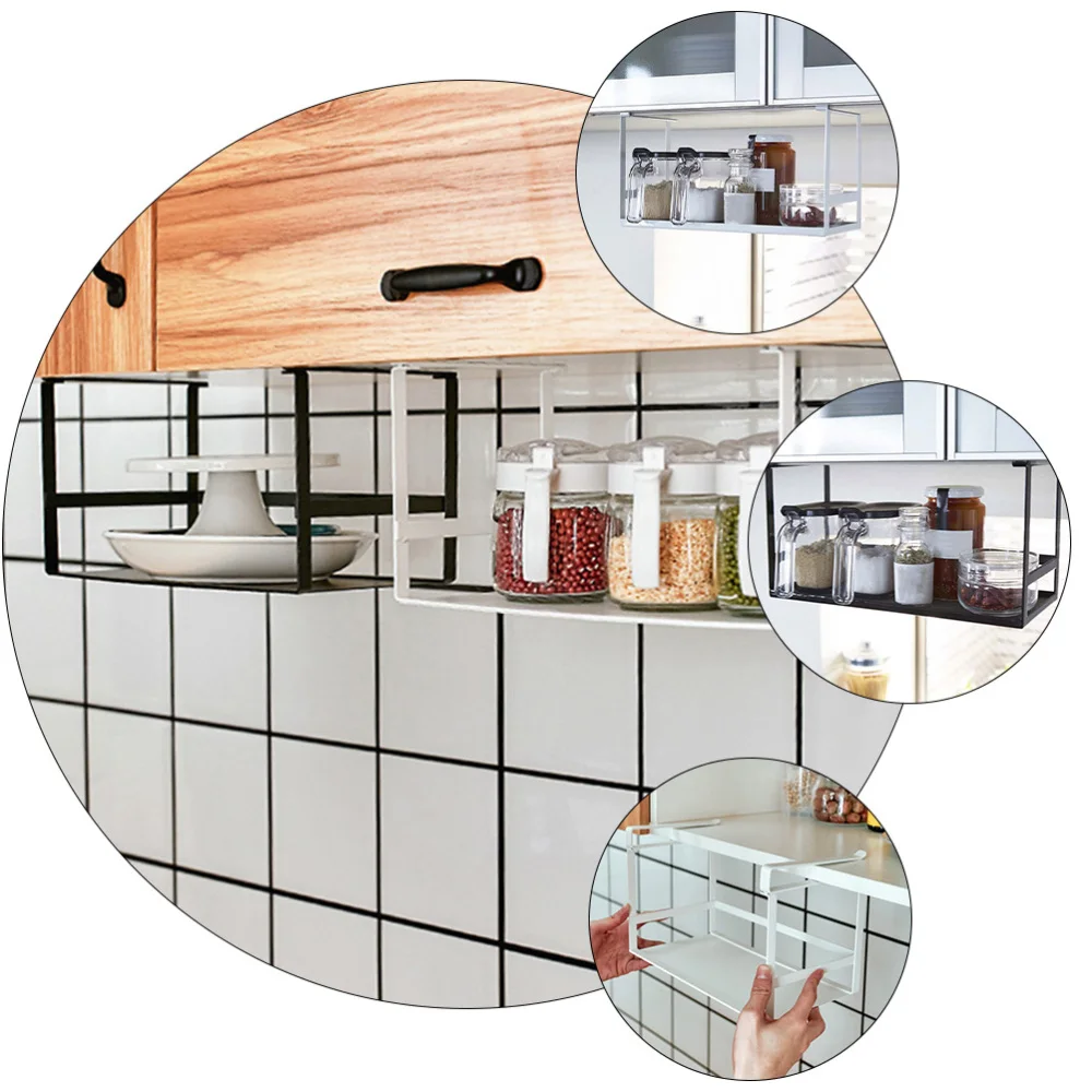 

1pc Kitchen Under Cabinet Seasoning Bottle Storage Shelf Storage Rack (Black)