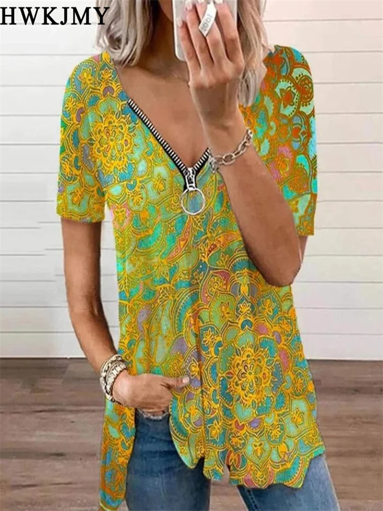 

Women's Clothing Summer V-neck Off Shoulder Short Sleeved Tops Zipper Tees Casual Printing Loose T-shirt Plus Size Shirts 8XL