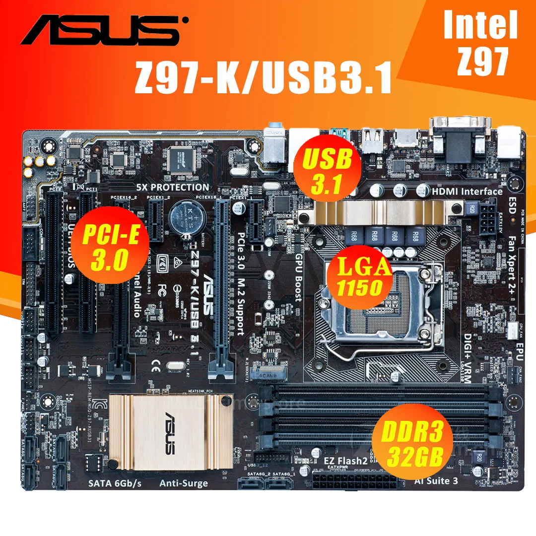 

Материнская плата Asus Z97-K/USB3.1, i7, i5, i3, DDR3, 32 ГБ, PCI-E, 3,0 M.2 SATA, HDMI, оверлок, Intel Z97, Placa-MOM 1150, USB3.1, ATX, б/у