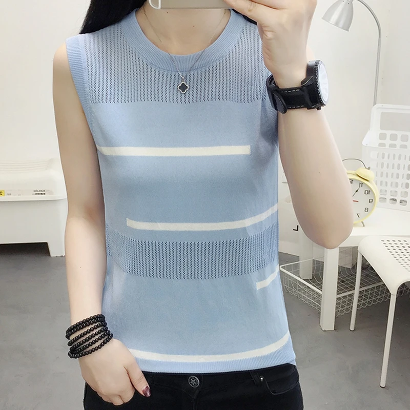 

Stripe Tank Tops Women Sleeveless Hollow Ice Silk Knitted Vest Camis Female Elasticity Slim Pullover Summer Camisole